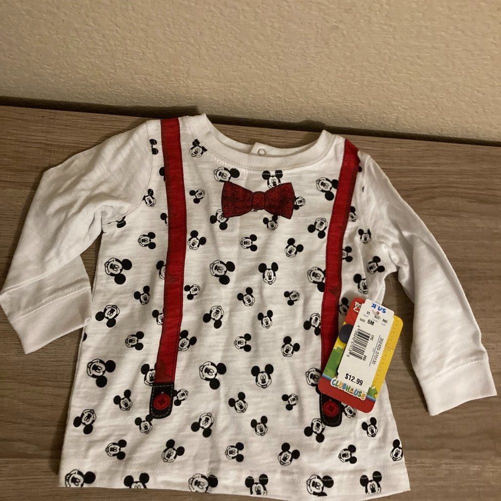 Disney Mickey Mouse White Long Sleeve Shirt with Red Bowtie/Suspender 6 Months
